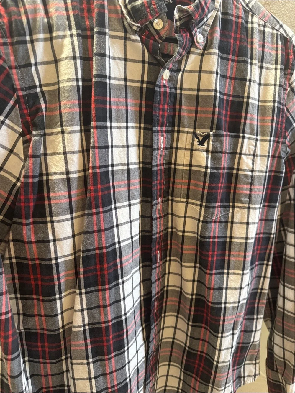 American Eagle Outfitters Black, White & Red Plaid Button-Down Shirt